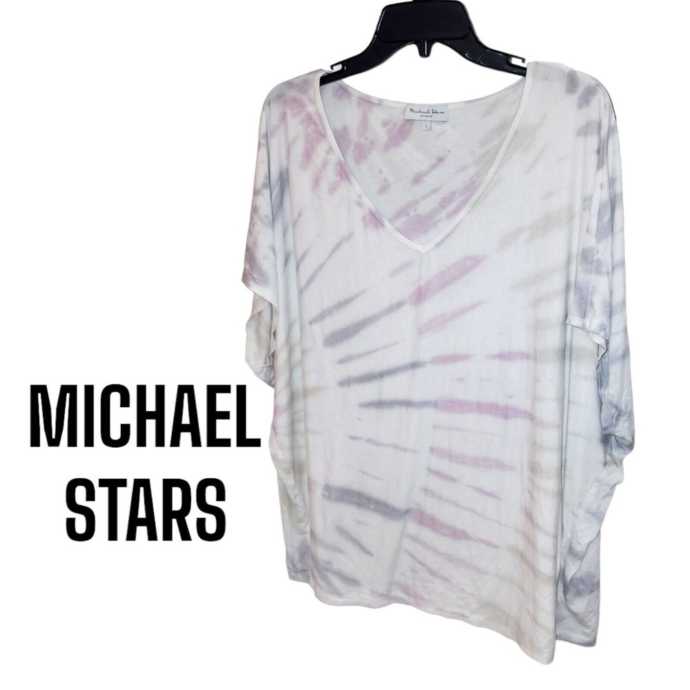 MICHAEL STARS Sz L Pink Gray White Tie Dye Bat Wing Sleeves V Neck Blouse Top